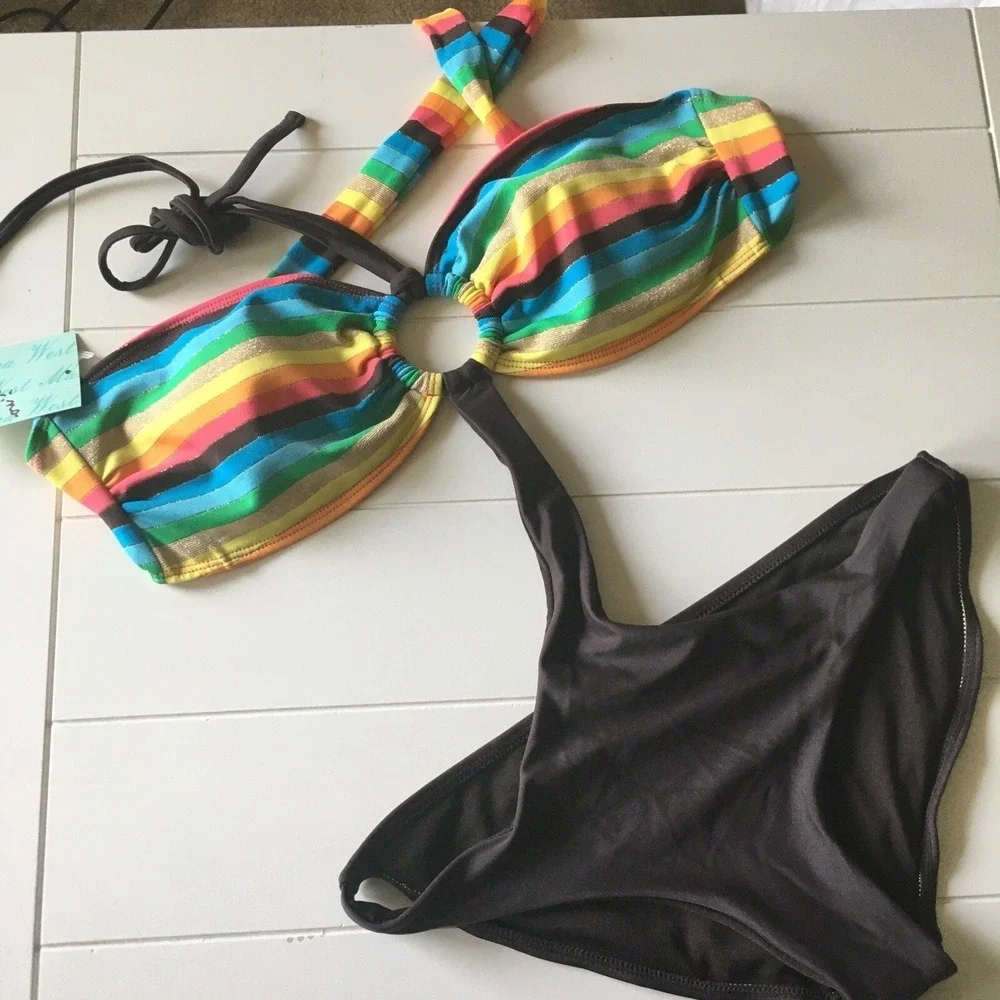 NEW Marina West Swimsuit Bikini Large Rainbow Cut Out Strapless Vacation Travel